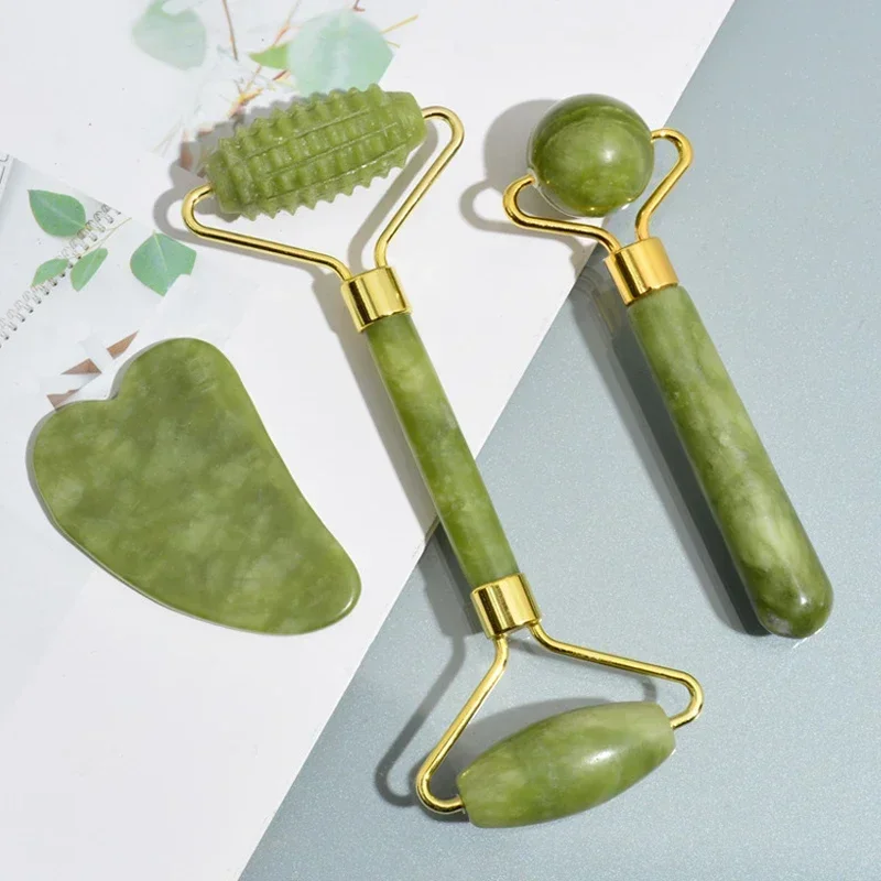 Gua Sha-Rodillo de Jade Natural para masaje facial, masajeador corporal de piedra Natural para cuello, cuidado de los ojos, herramientas de masaje