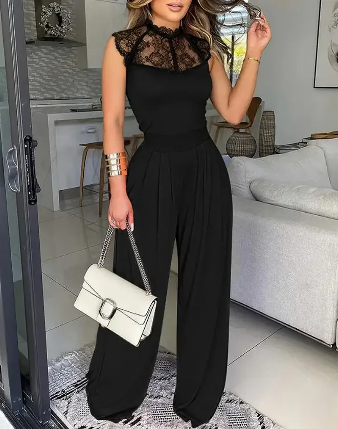 Women's Stand-Up Collar Sleeveless Lace-Trimmed Pleated Jumpsuit, Elegant Waist-Cinching Design, Back Zipper Wide-Leg Jumpsuit