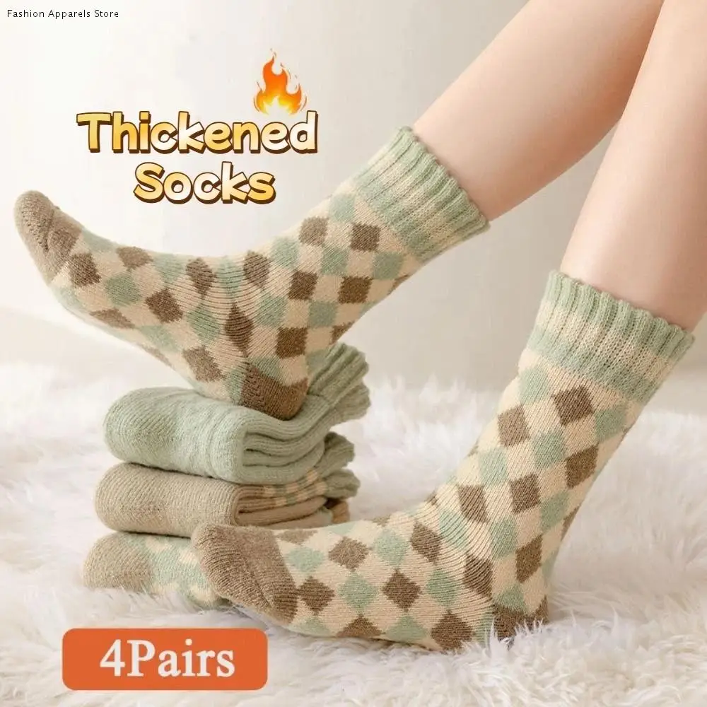 

4Pairs Simple Stripe Grid Thickened Socks Sleeping Winter Floor Plush Socks Hosiery Mid-tube Warm Socks Women Autumn