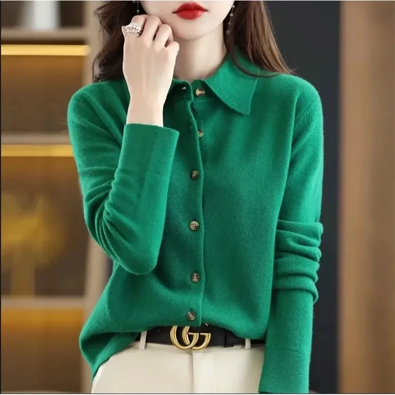 Autumn And Winter New Women's Cardigan Exquisite POLO Collar Long Sleeved Sweater Large Wool Knitted lapel Collar Sweater Black