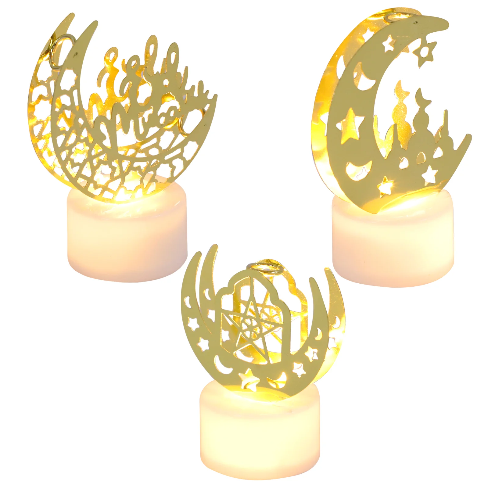 3 Pcs Eid Decorative Lights Muslim Themed Decoration Golden Plastic Islamic Crafts