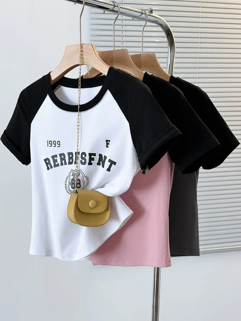 

Plus Size Women's Top in Stock for 2024 Summer Fashion New Chubby Girl Fashion Casual Print Letter Raglan Short Sleeved T-shirt