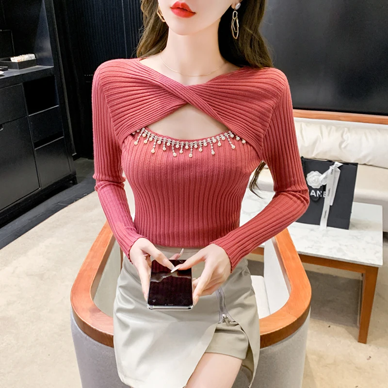 Sweater Women 2023 Spring Autumn New O-Neck Hollow Out Streetwear Solid Knitted Sweaters Slim Korean Fashion Pullovers