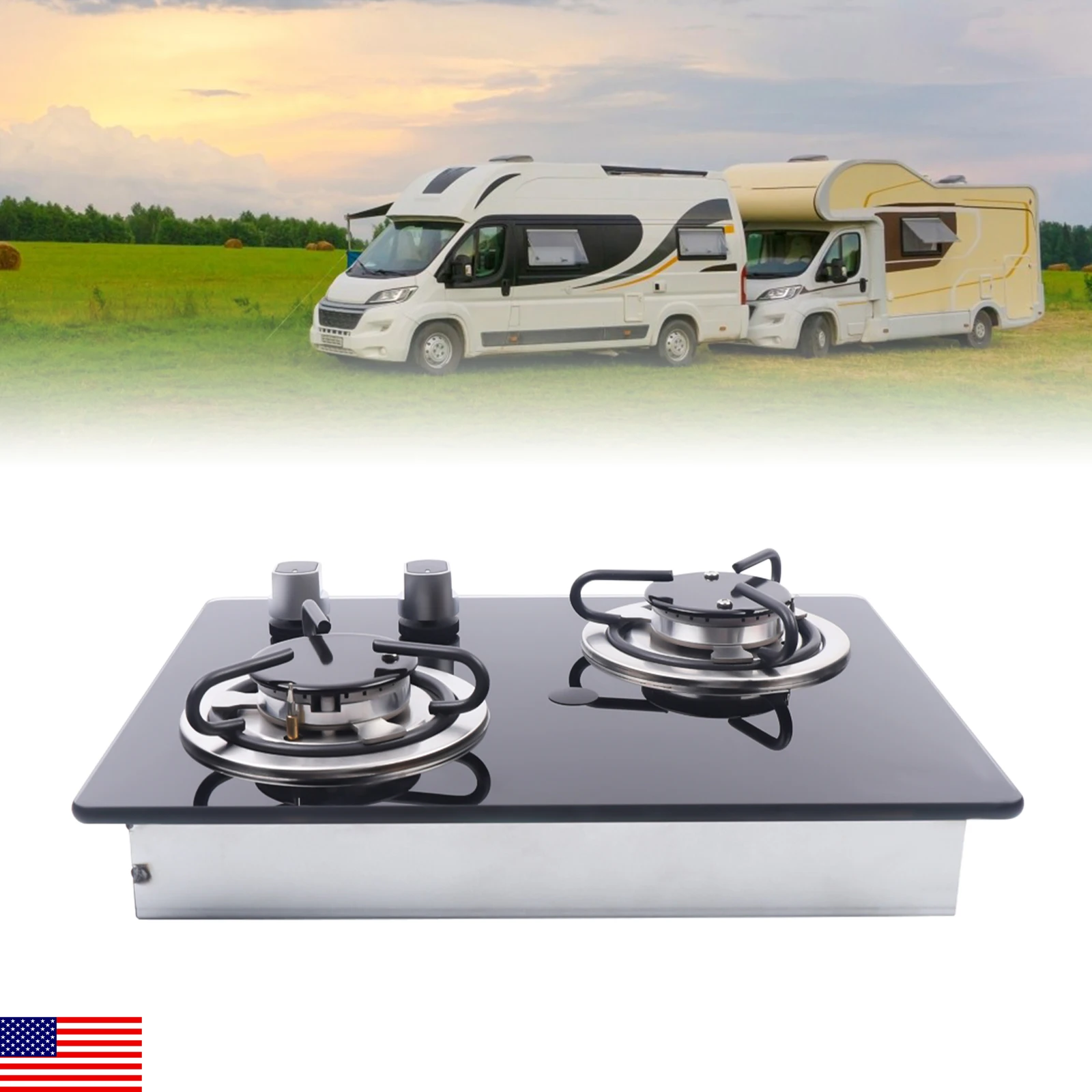 موقد غاز RV موقد غاز 2 شعلات 2*1.8KW قوة الزجاج المقسى لوحة غاز كوك العلوي لتخييم القافلة