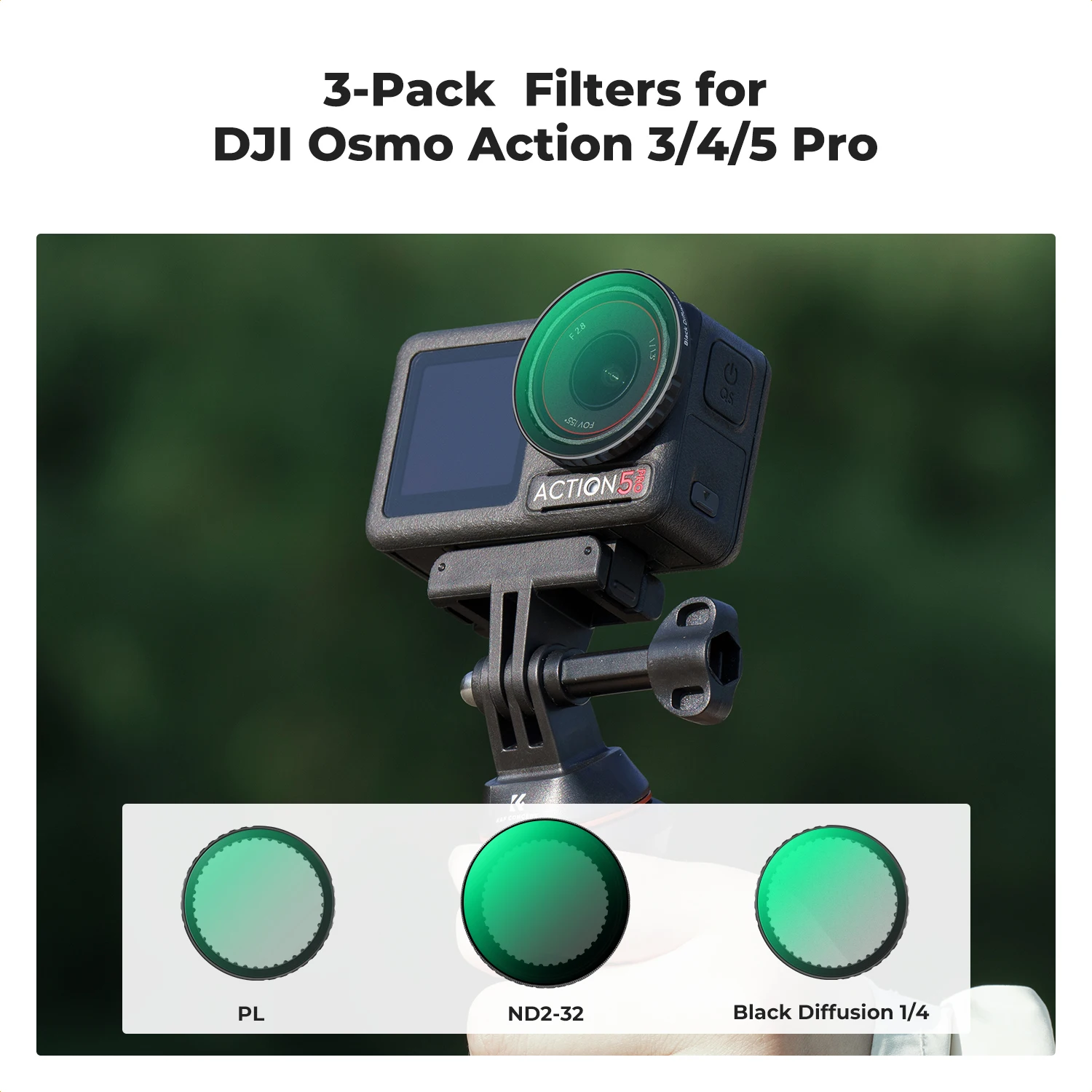 

K&F CONCEPT ND2-32 Black diffusion 1/4 PL 3-pack Filter Kit for DJI Osmo Action 5Pro 4 3 Snap-on Design Fit Original Lens Filter