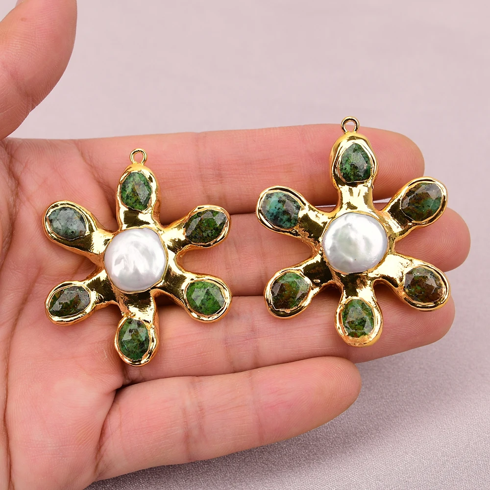 

APDGG 2 шт. натуральный белый жемчуг синий африканский бирюзовый золотой край в форме цветка подвески кулон