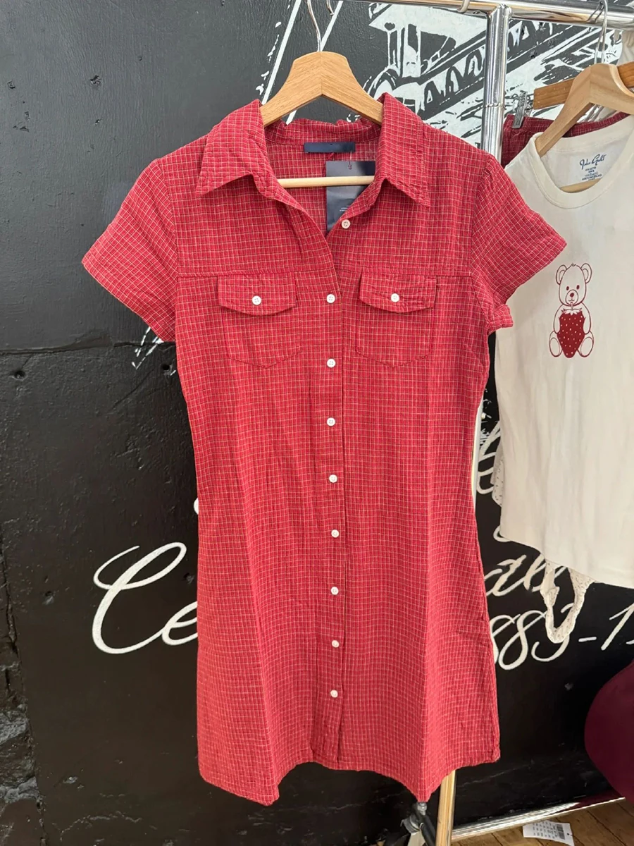 Red Plaid Pockets Mini Dress Woman Turn Down Collar Single Breasted Short Sleeve Vestidos Vintage Sweet Cotton Shirt Dresses Y2k