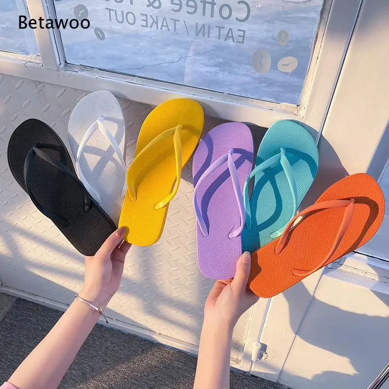 Women Summer Basic Flip Flops Candy Color Simple Solid Thin Strap Flat Sole Textured Anti Slip Footbed Open Toe Thong Slippers