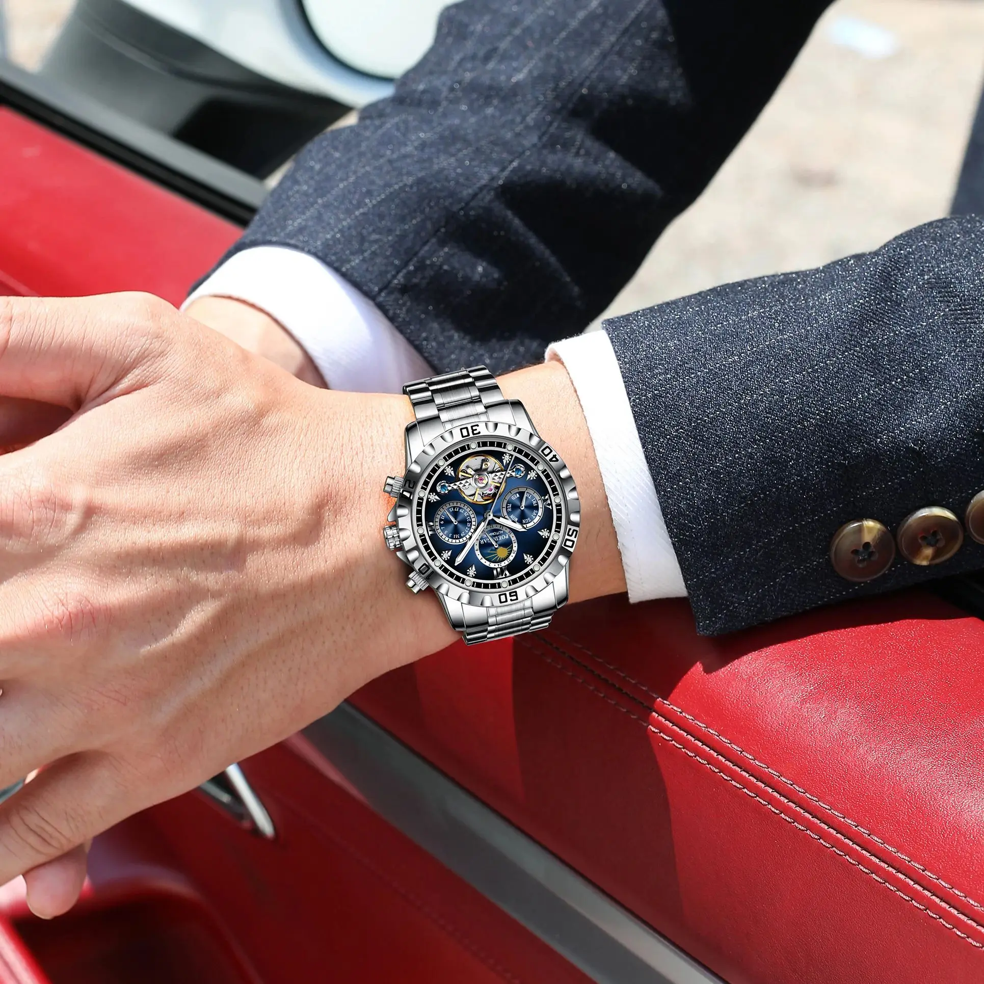POEDAGAR Fashion Luxury Men Wristwatch Mechanical Waterproof Man Watch Hollow Tourbillon Automatic Stainless Steel Men's Watches view 6