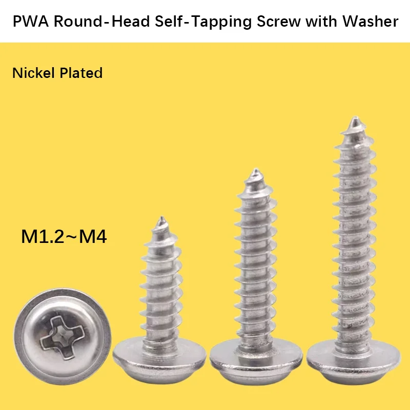 200pcs Premium Nickel Plated Iron Pan Head Self-Tapping Screws with Washer Cross Pointed Tail M1.2-M4 Round Head Screws Fixing.