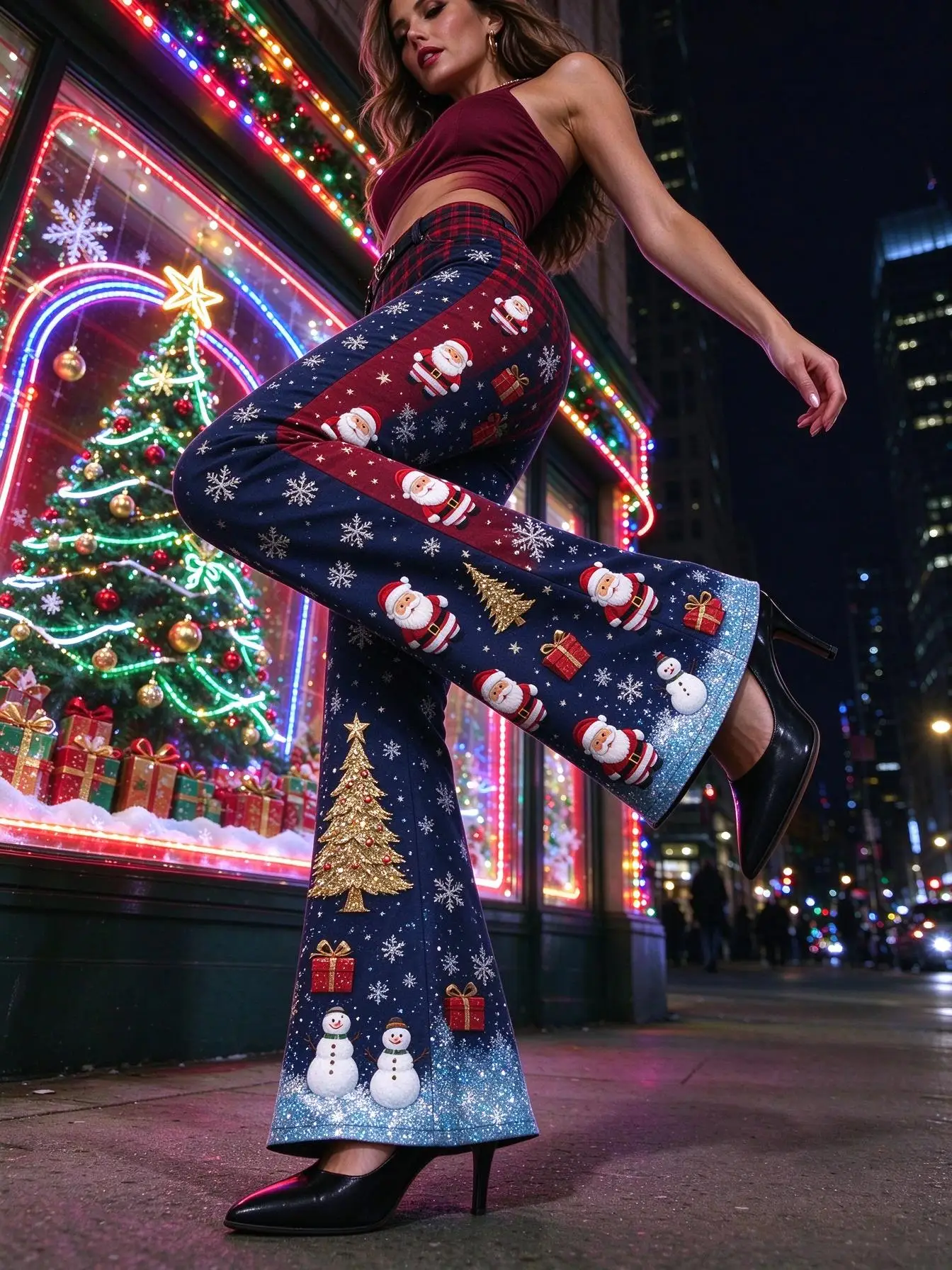 Women Mid-Rise Slim Flared Pants Christmas Burgundy Santa Reindeer Antler Snowflake Holly Print Stretch Bell Bottoms