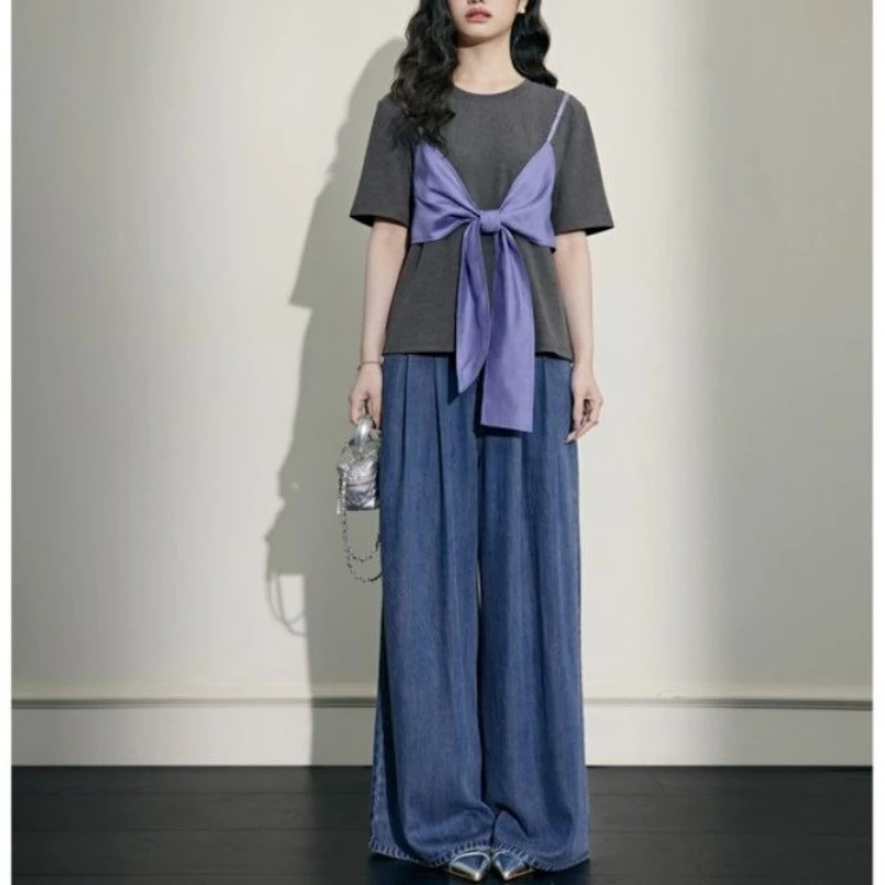 

Design Fake Two-piece Bow Sling Splicing T-shirt Female Spring/summer 2025 Short Sleeves