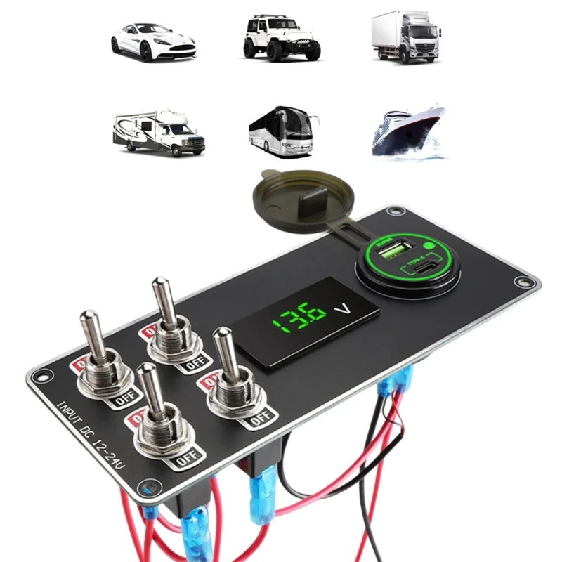 

D0UC 4 Gang LED Light Switches Control Panel Car USB Port 12V-24V Outlet Voltmeter