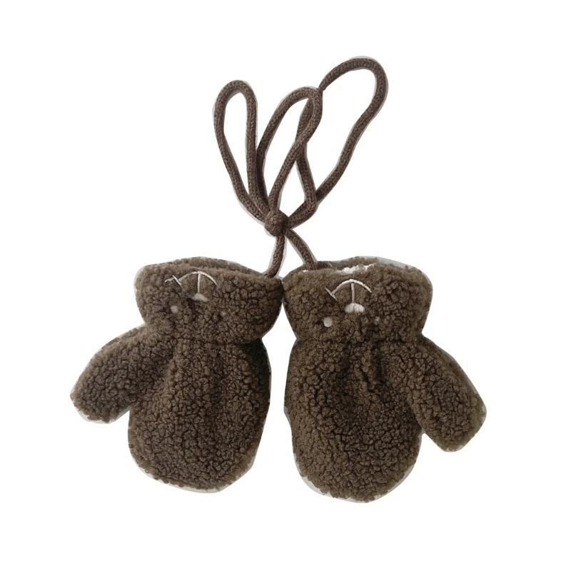 Luvas elegantes lã cordeiro com desenho urso, luvas elegantes pelúcia para meninos e meninas, mantêm seus filhos no