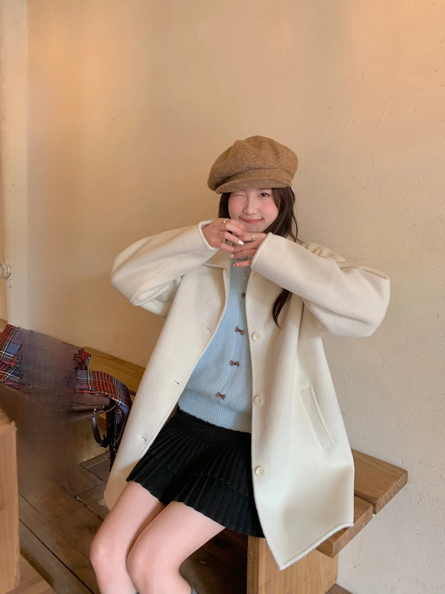 

CheeseBunny Wool Blend Double-Faced Tweed Cisas Aosphere Coat Women's Small Size Versatile Mid-Length Korean Sle