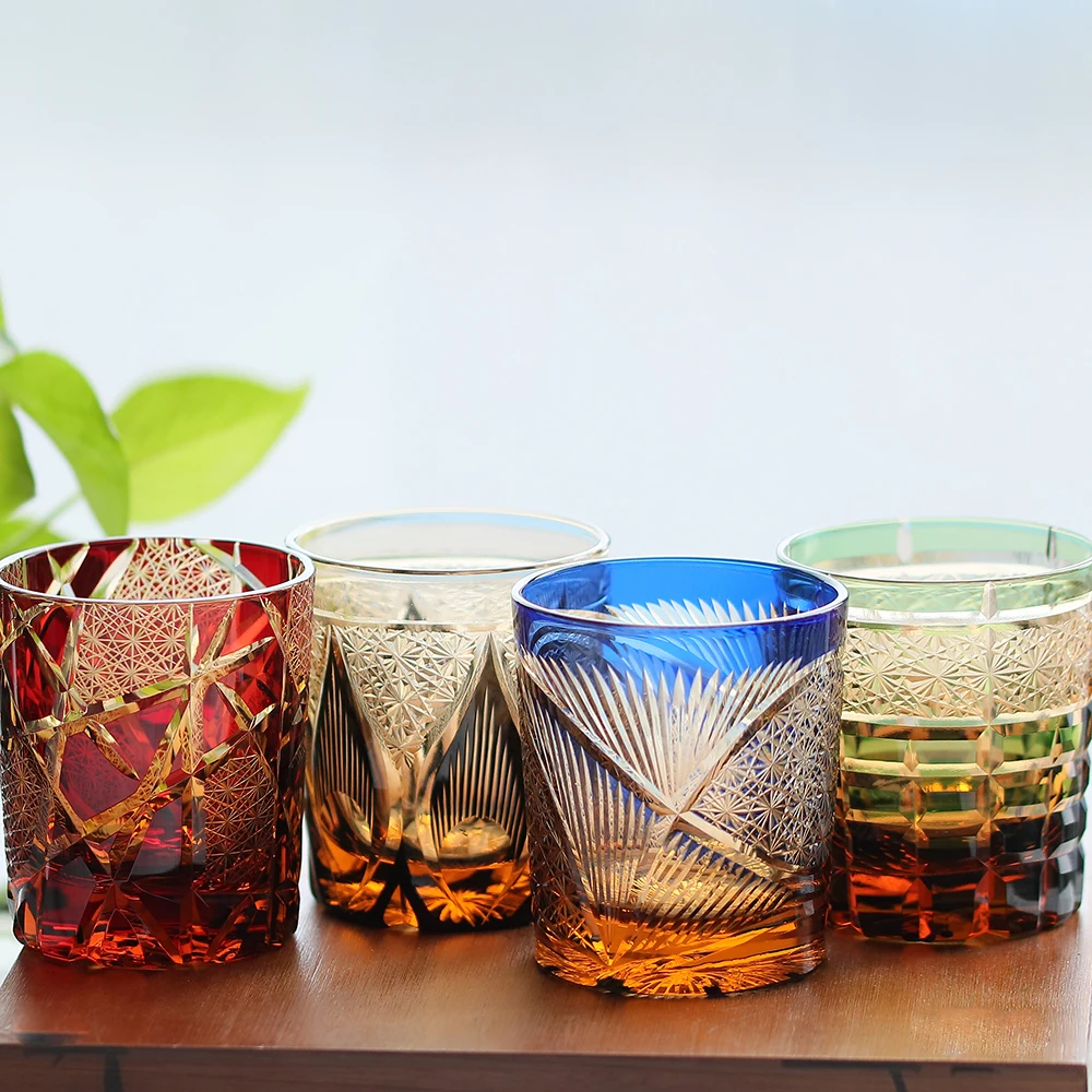 Handmade Japanese Style Edo Kiriko Whiskey Glass Tumbler Colored Hand Cut To Clear Glasses Color Tinted Old Fashioned Glasses