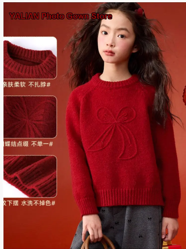 Girls Pullover Sweater Kids Autumn Winter Knit Top Solid Color Fashionable Older Kids