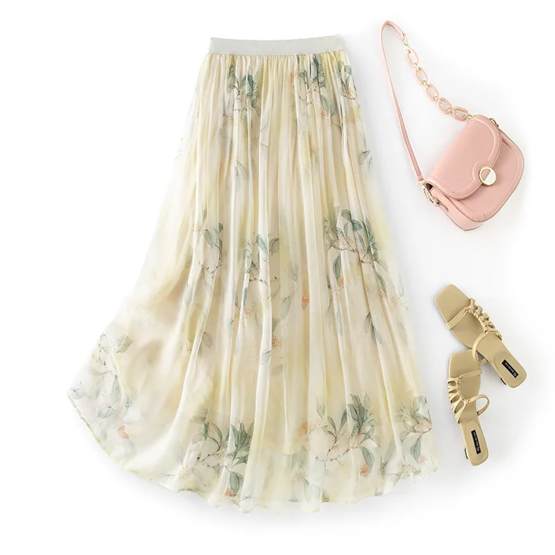 Winsleter-8MM 100%Silk Elegant Skirts, Elastic Waist Print, Women Vacation Gentle Thin A-line Skirt, 2026 Autumn New B69441CC