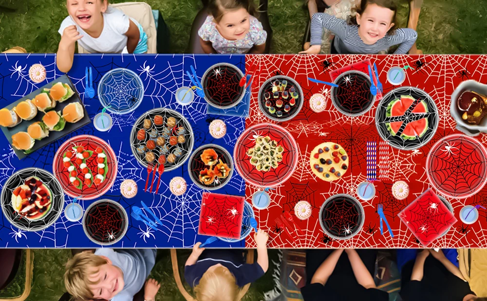 Spinnenpartyzubehör, rotes und blaues Spinnennetz, Geburtstagsbanner, Pappteller, Servietten, Tischdecke für Partydekorationen mit Spinnenmotiv – Detail 9