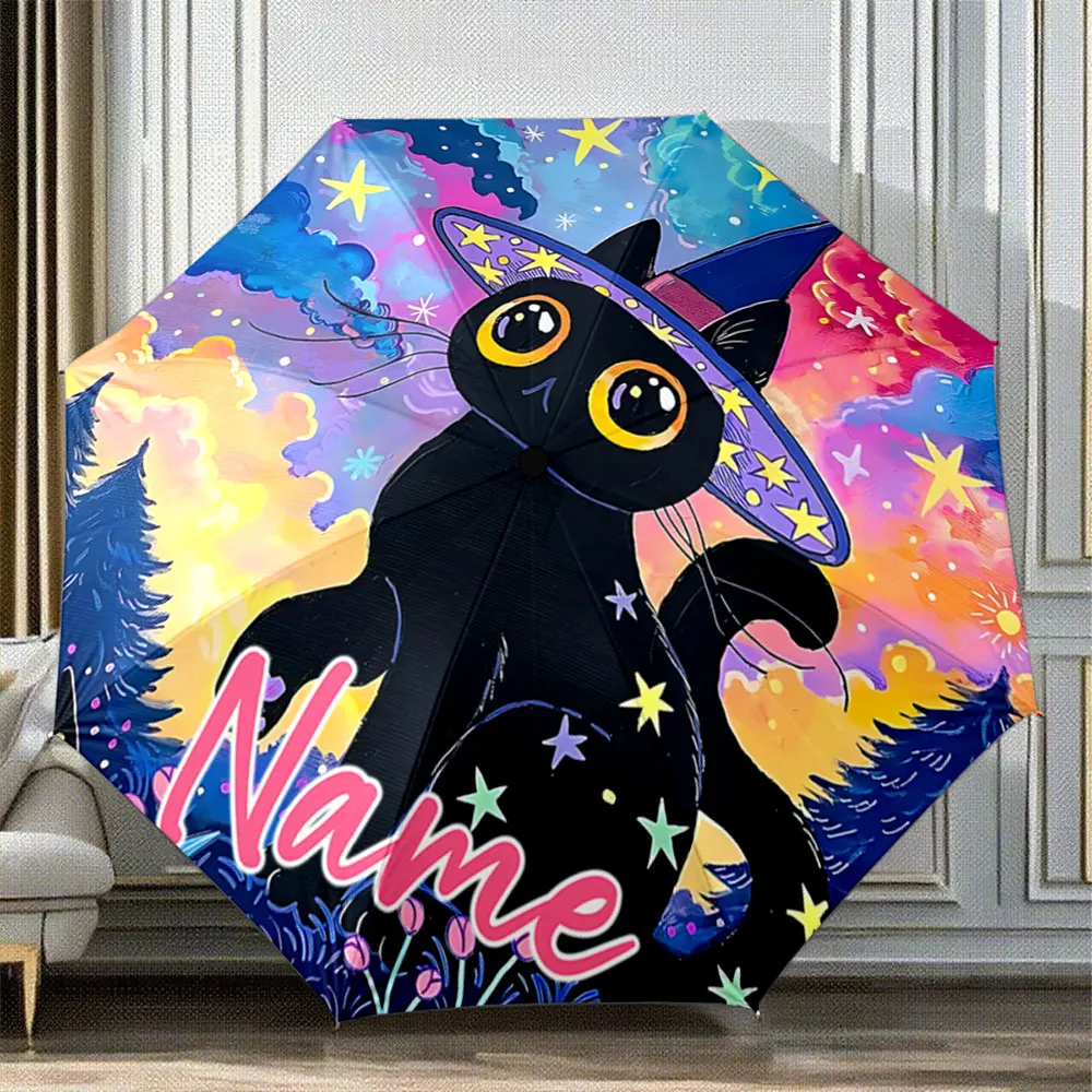 Custom Name Umbrella Black Cat with Wizard Hat and Colorful Stars 8 Iron Ribs Folding Umbrella Auto-Open Fashion Sunshade