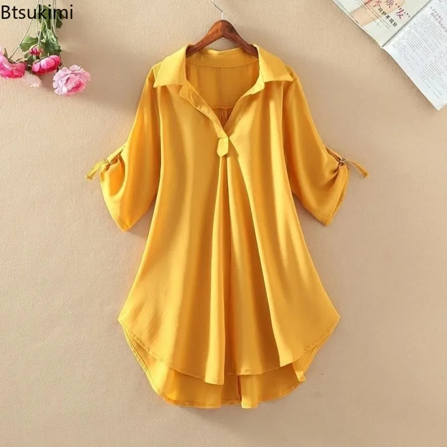 2025 frauen Sommer Solide Chiffon Blusen Mode Lose Elegante V-ausschnitt Pullover Casual Kurzarm Shirt Damen Mid-länge Tops