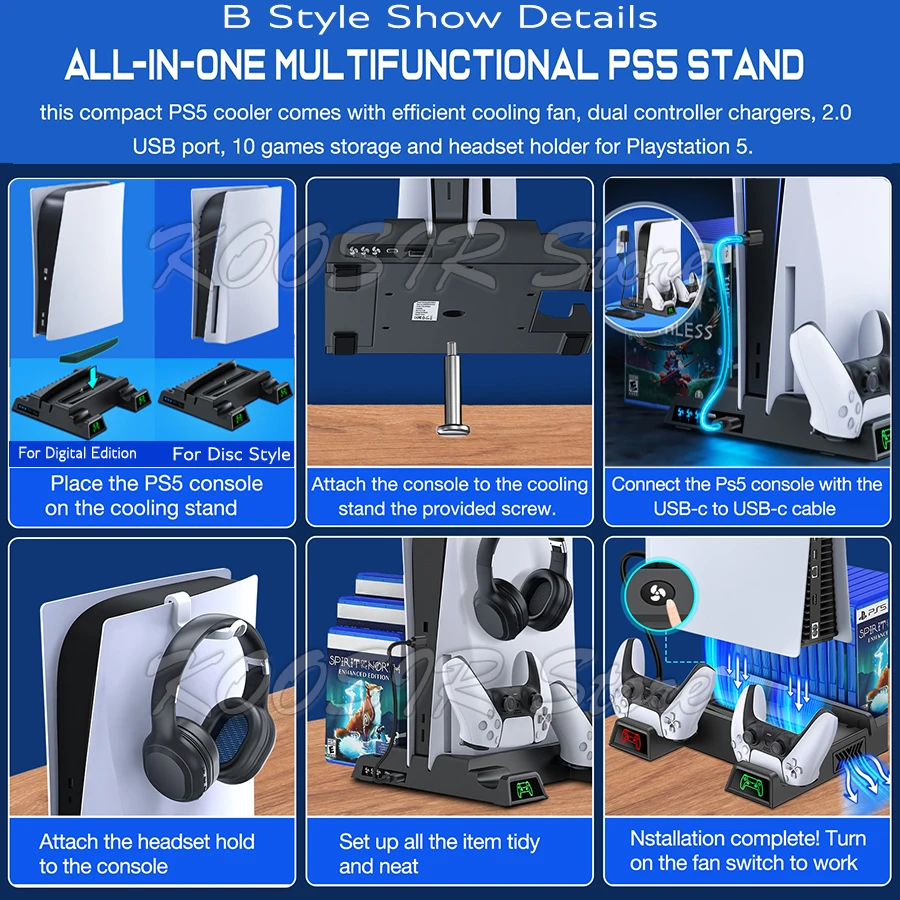 Untuk PlayStation 5 PS5 Disc & konsol Digital dudukan pendingin Radiator Play Station PS 5 Headset Holder 2 pengontrol Charger 2 kipas