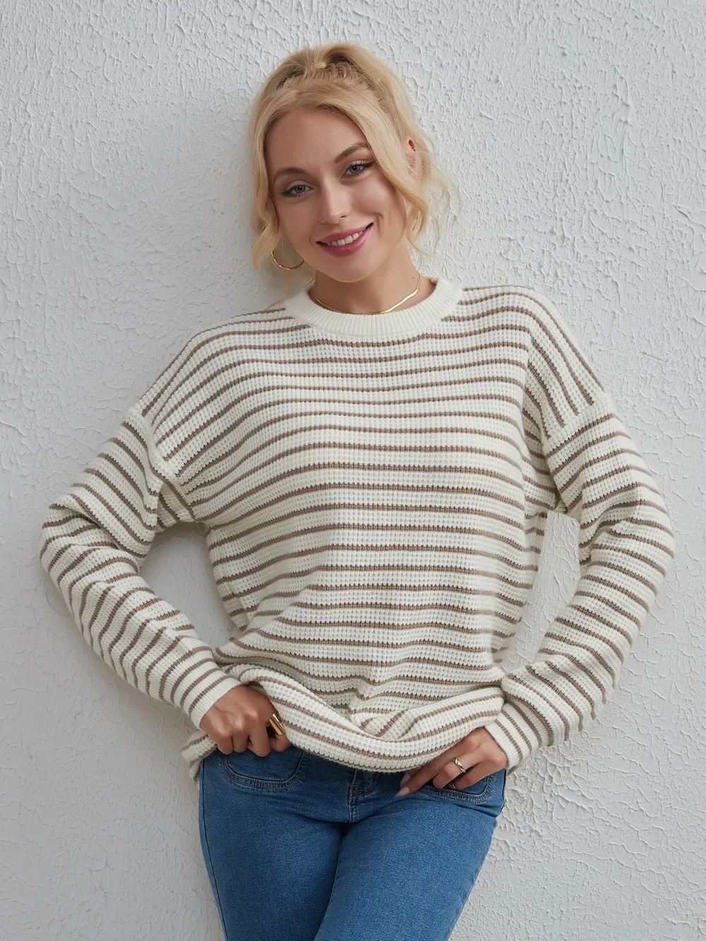 Wixra Striped Sweater Women Knitted Pullover Full Sleeve Casual O Neck 2023 Jumpers Loose Clothing Autumn Winter Hot