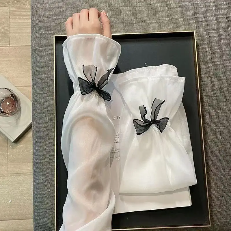

1 Pair Ice Silk Arm Sleeves with Butterfly Bow Decoration Cooling Sun Protection Lightweight Arm Sleeve for Women Ins Style