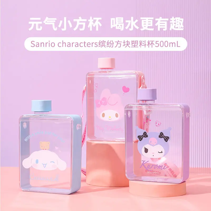 

500ML Sanrio Anime Cartoon Square Plastic Cup Kawaii Cinnamon Roll Kuromi Mymelody Large Capacity Portable Gift for Going Out