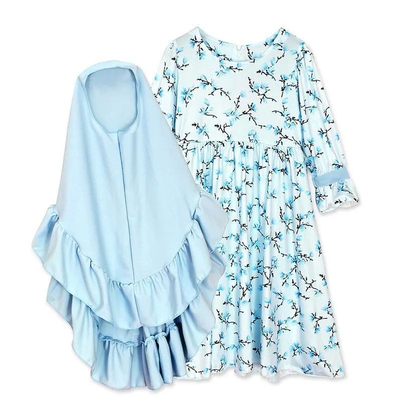 

1-7Y Toddler Kids Muslim Girls Prayer Dress Abaya Robe Modest Islamic Clothes Light Blue Flowers Floral Print With Long Hijab