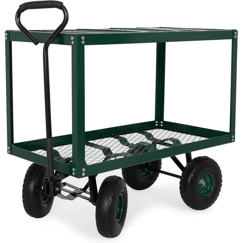 

600Lb 2 Tier Garden Cart, Steel Mesh Shelves, Pneumatic Tires, Pull Handle Rolling Utility Wagon Yard, Lawn, Outdoor