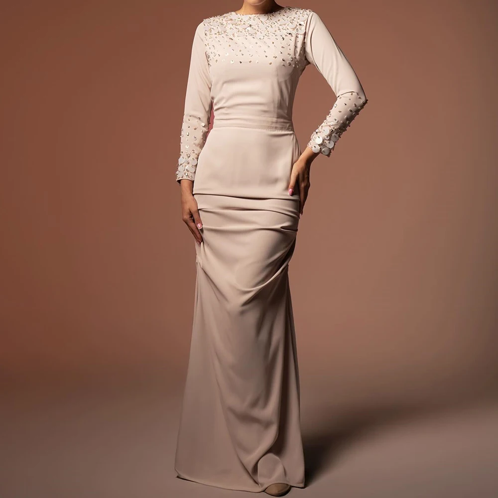 

Customized A-line Evening Dresses Floor-length Scoop-neck Full Sleeve Prom Gown Fashion Sequined Simple Draped Party Gown