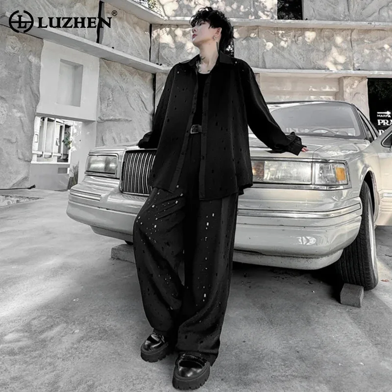 

LUZHEN полые рубашки с длинным рукавом комплект из двух частей свободные широкие штаны мужские персонализированные модные уличные штаны 2024 LZ5258