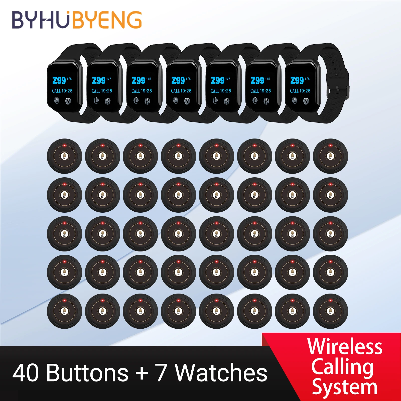 7 Watch Receiver + 40 Table Button Restaurant Pager Waiter Wireless Calling System For Hospital Dental Clinic Cafe