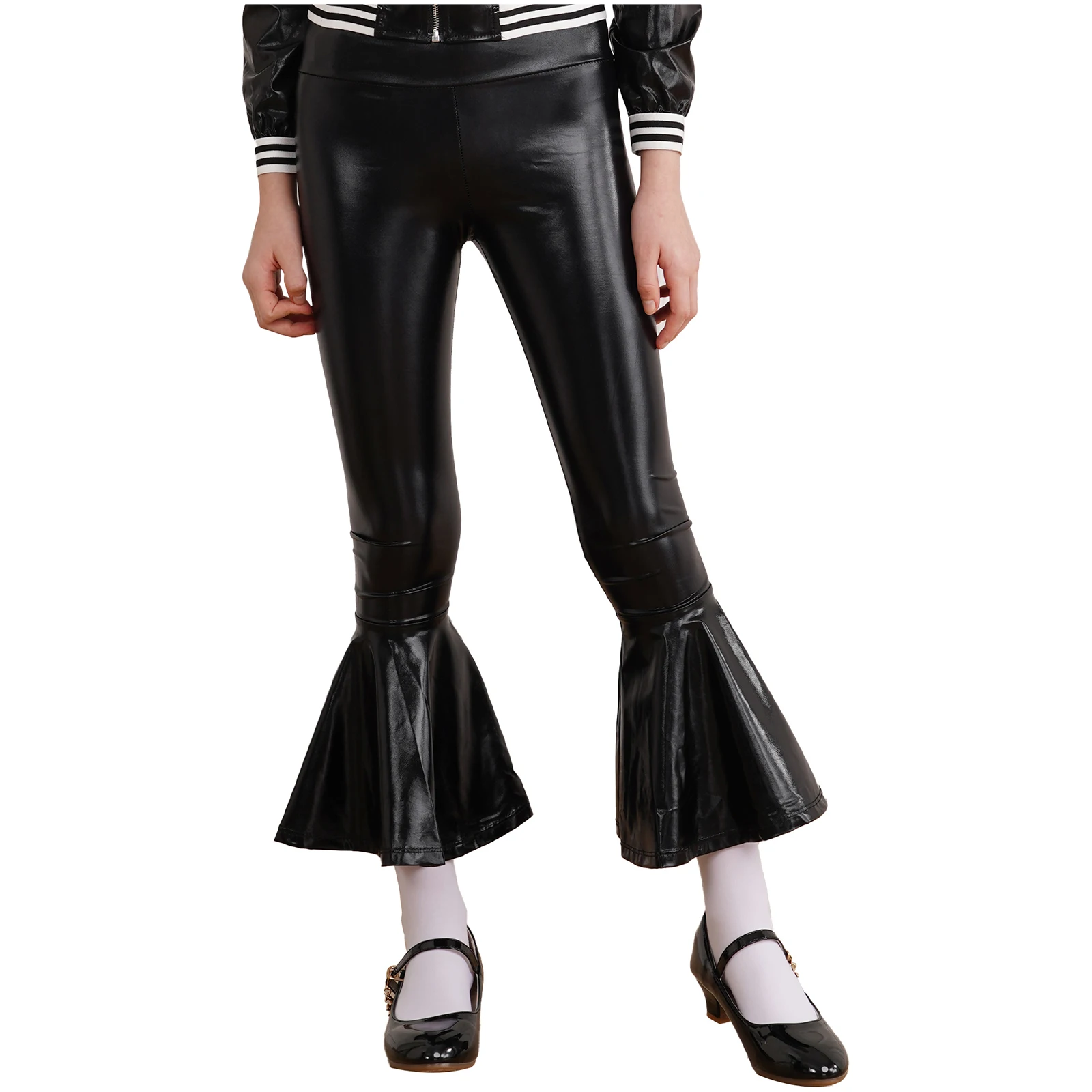 

2025 New Kids Girls Shiny Metallic Flared Long Pants Jazz Dance Disco Performance Trousers High Waist Ruffle Bell-bottom Pants