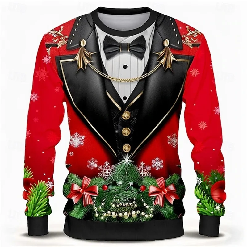 3D Print Christmas Costume Dress Suit Graphic Sweatshirt For Men Long Sleeve Crew Neck Sweatshirts Clothes Mens Pullover Hoodies