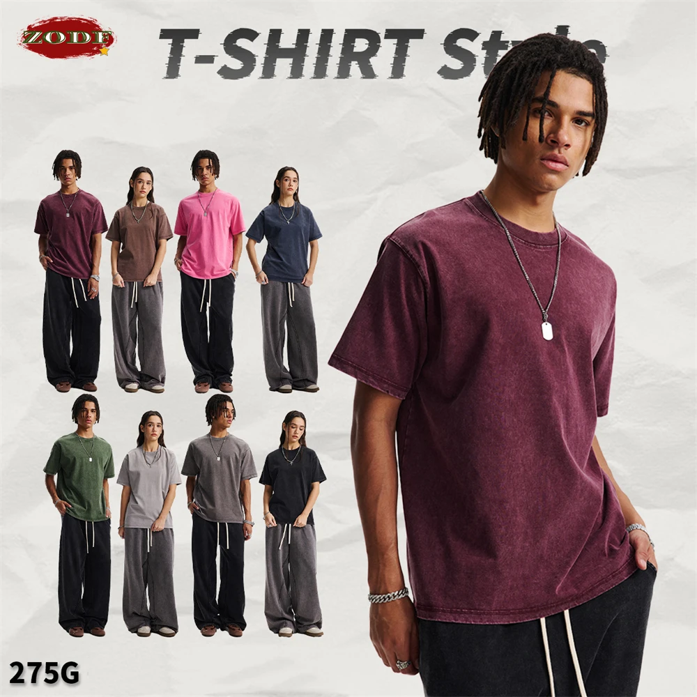 

ZODF 2025 Summer 275gsm Washed Cotton T-Shirts For Men Unisex Retro High Street Regular Fit Basic Tees Brand Tees HY1073
