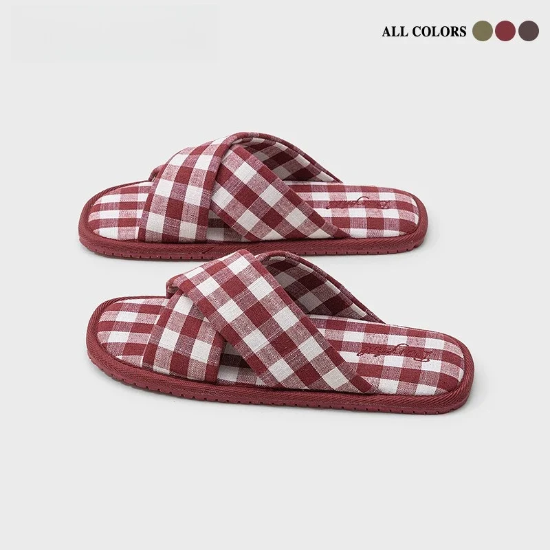 

36-45 Size Slippers Couple New Indoor Home Men's and Women's Plaid Cotton Slippers Soft Bottom Silent Non-slip Women's Slippers