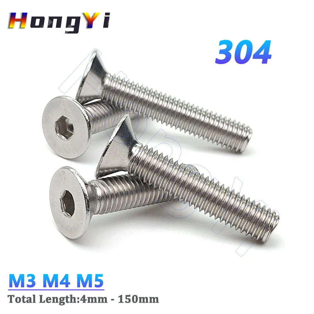 Metric M3/M4/M5 304 Stainless Steel Countersunk Head Hex Socket Screws Flat Head Allen Bolt Total Length 4-150mm