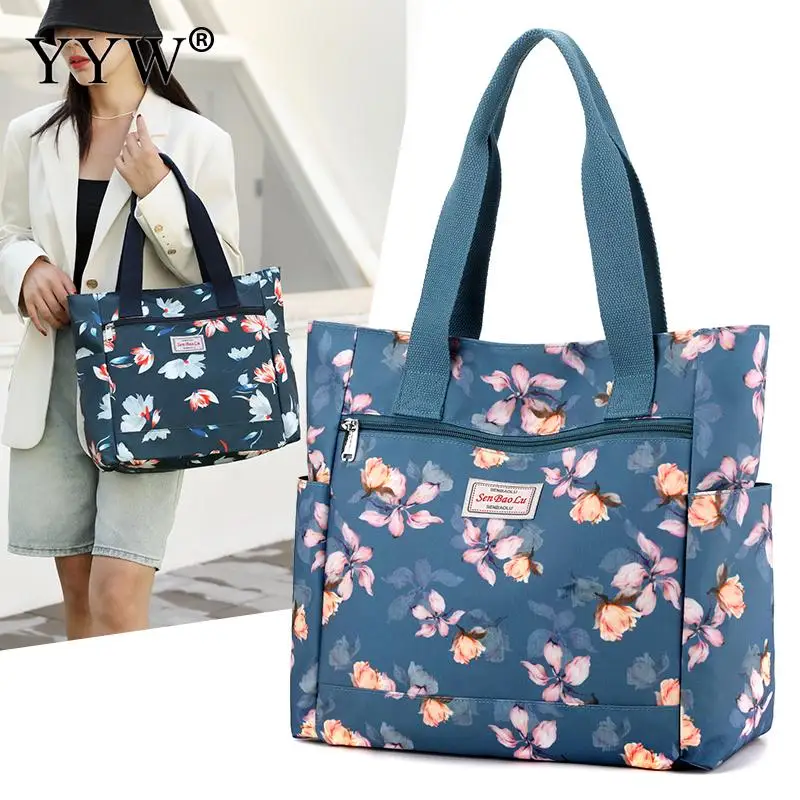 Women Casual Nylon Single Shoulder Handbag Large Capacity Floral Printing Waterproof Zipper Multi Pocket Lady Storage Tote Bag