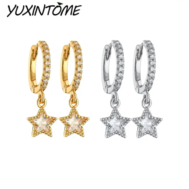 

925 Sterling Silver Needle Niche Light Luxury Plated 24k Gold Star Full Zircon Pendant Earrings High-end Fashion Earring Jewelry