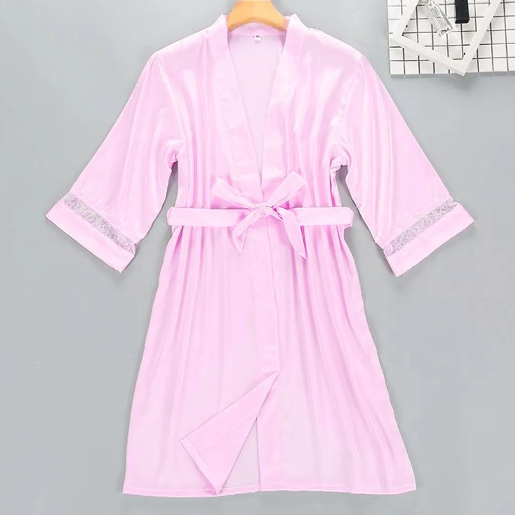 Novo conjunto de duas peças de pijamas de seda de cetim para senhoras cor sólida borda de renda sexy moda robes e suspender sleepwear vestido