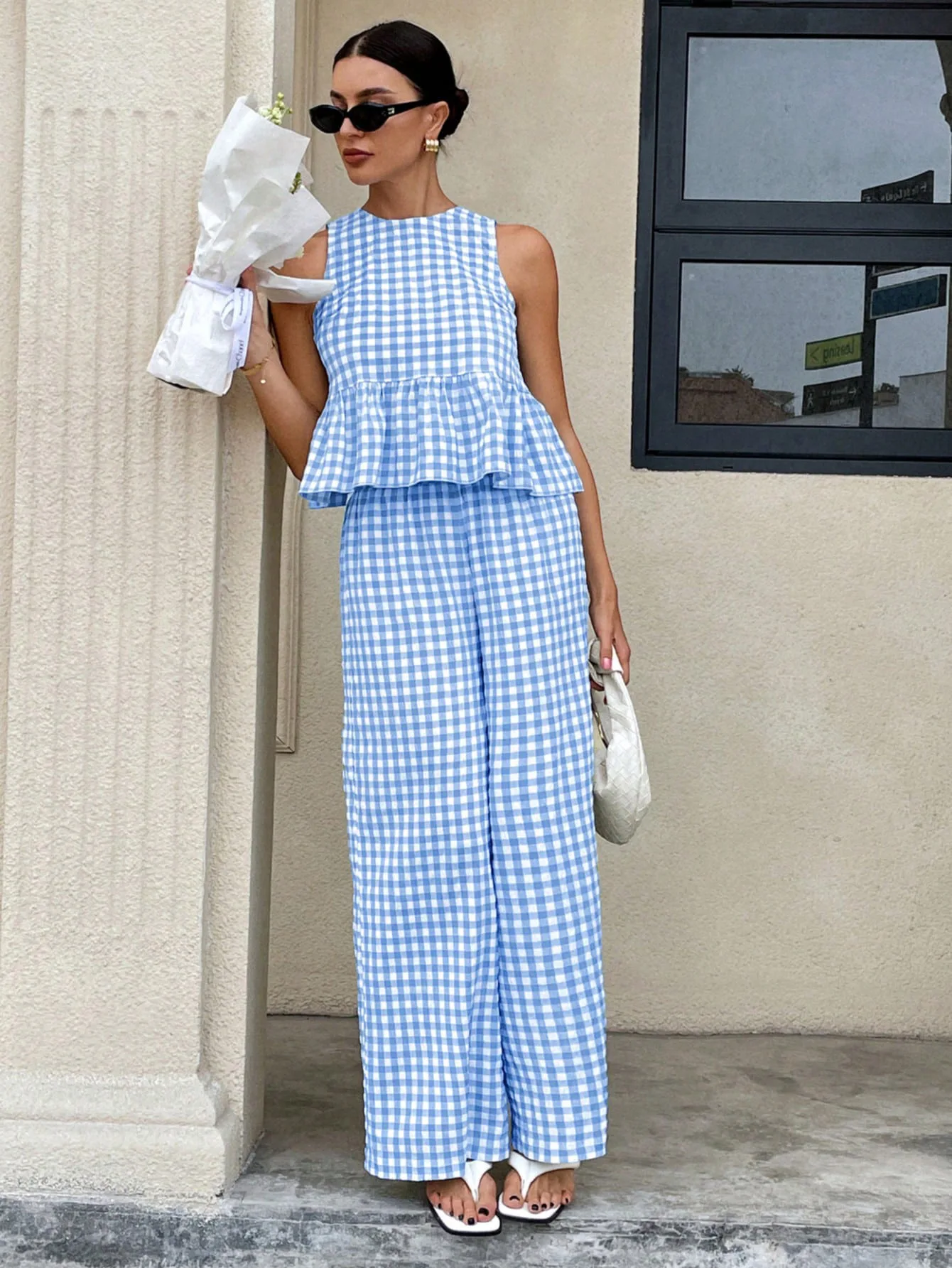 Summer New Fashion Lattice Casual Round Neck Sleeveless RuffleTop 2piece Set Women Waist-hugging Ladies Straight Trousers Sets