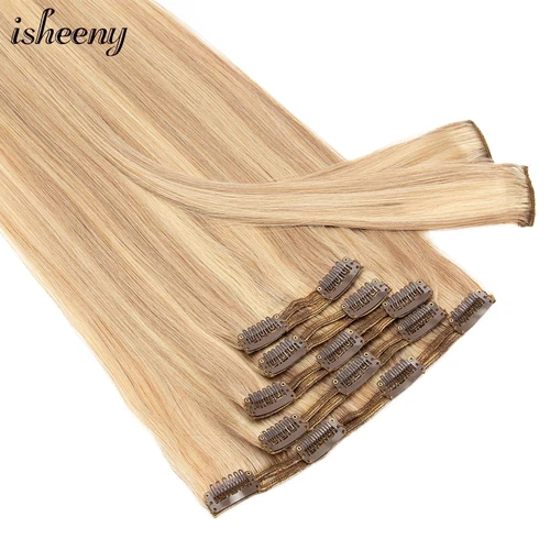 Imagen 2 del producto Clip resaltado en extensiones de cabello humano 7 unids/set Clip de cabello rubio liso 12-24 pulgadas Clip en postizo cabello humano Natural