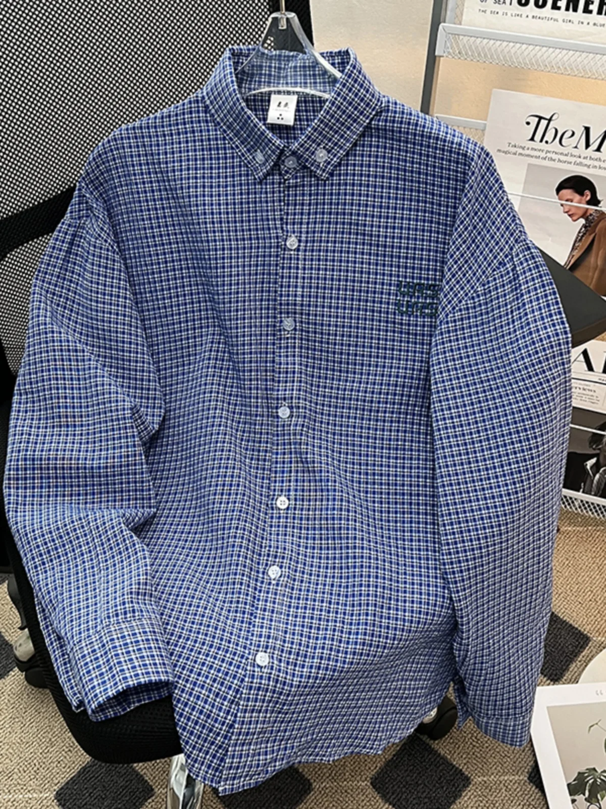

Blue Plaid Men's irt Vintage Retro Embroidery Loose Casual Outerwear Spring Autumn Seasonal Trendy American Sle