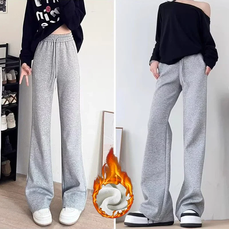 Winter Lady Snow Warm Velvet Thin Flared Pants Girls Korean High Waist Slim Fit Trousers Women Solid Fleece Thermal Pants