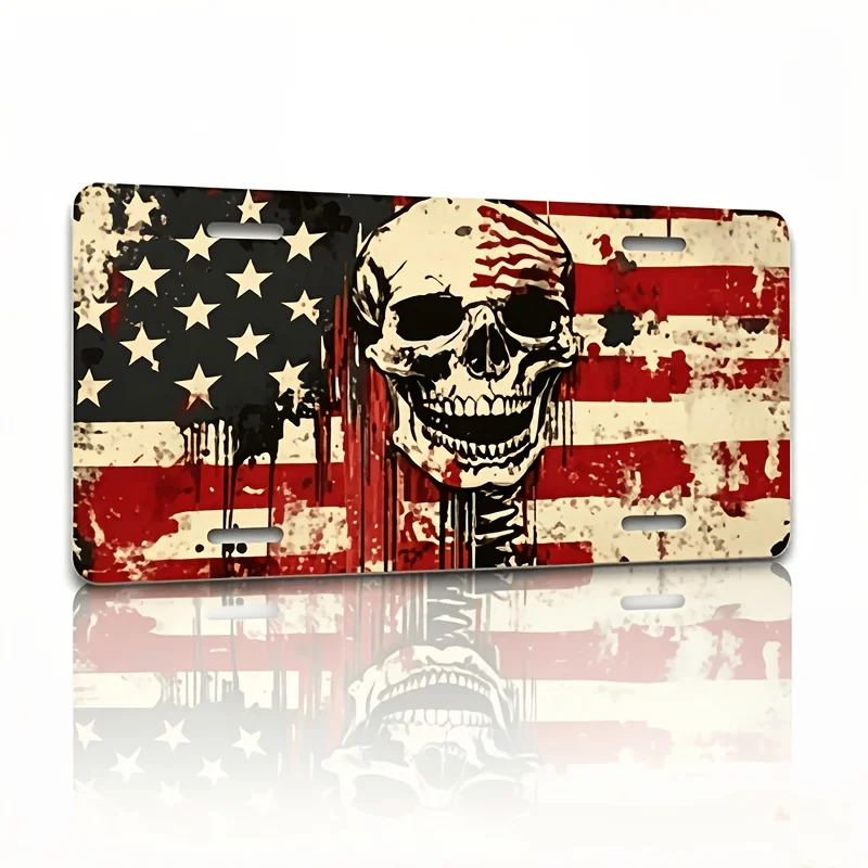 For Decoration Solely License Plate 2D Flat, [Activate] 2D Flat White Skull License Plate Frame And Cover, Decorative US Flag