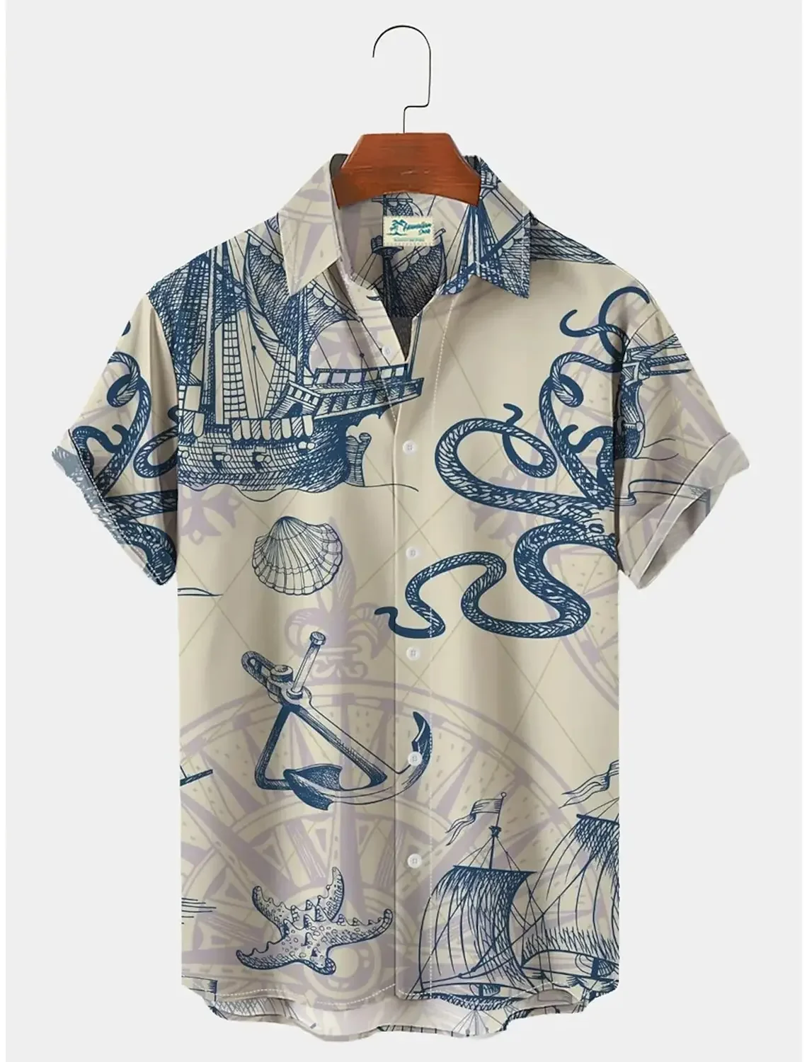 

Men's shirt Mermaid Shark graphic print anchor close outdoor street short sleeve button down clothing Fashion clothing