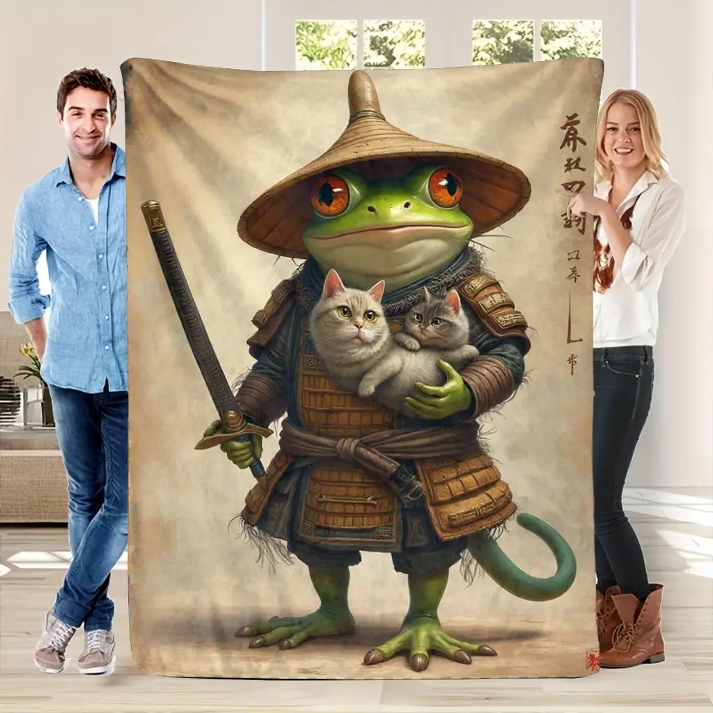 Samurai Frog Holding Cute Cats Vintage Oriental Art Print Flannel Blanket Soft Throw For Sofa Bedroom Daily Home Warm Gift