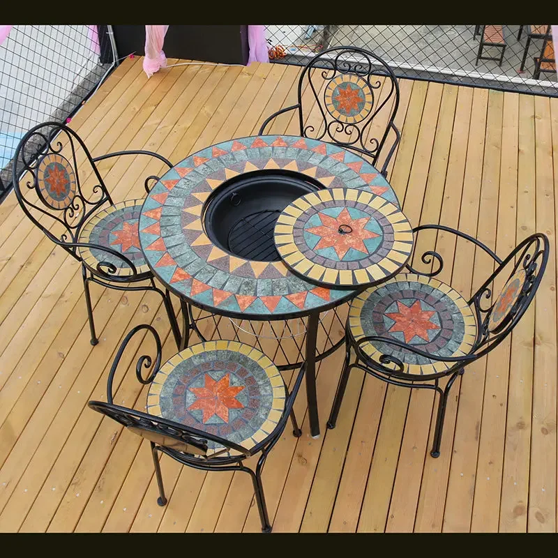 Outdoor mosaic barbecue table and chair combination European wrought iron outdoor courtyard garden leisure carbon grill